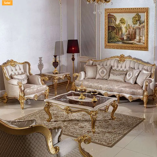 Luxury Gold-Accented Upholstered Sofa Set for Living Room